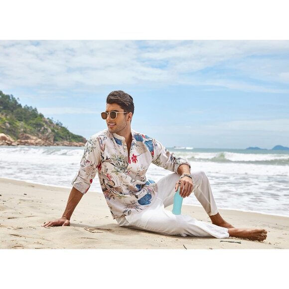 Men's Khaki Floral Cotton Linen Henley T-shirt Long Sleeve Casual Beach Button - Picture 5 of 8